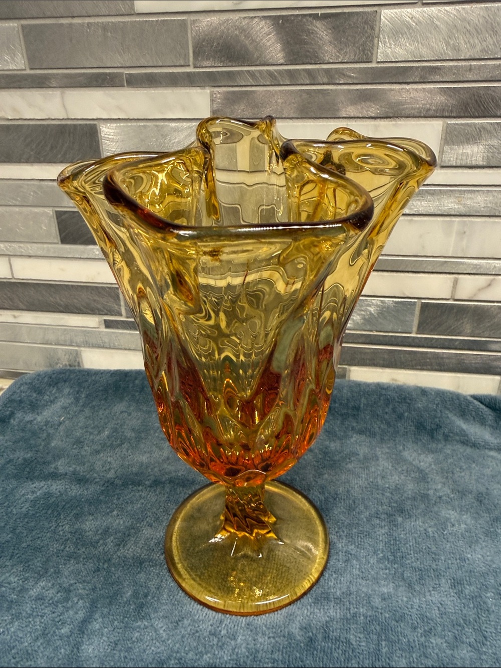 Fenton Ruffled Amber Pedestal Art Glass Vase